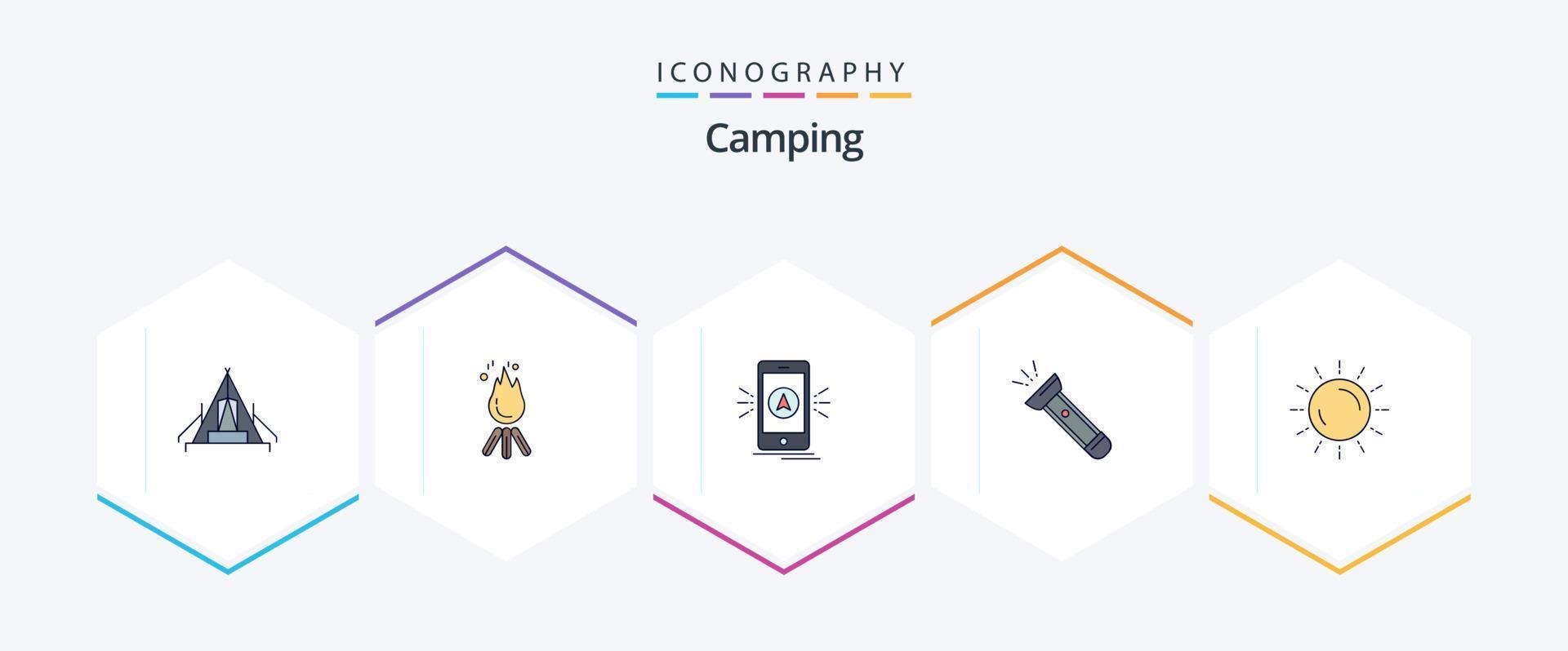 paquete de iconos de 25 líneas completas para acampar que incluye antorcha. GPS. hoguera. cámping. navegación vector