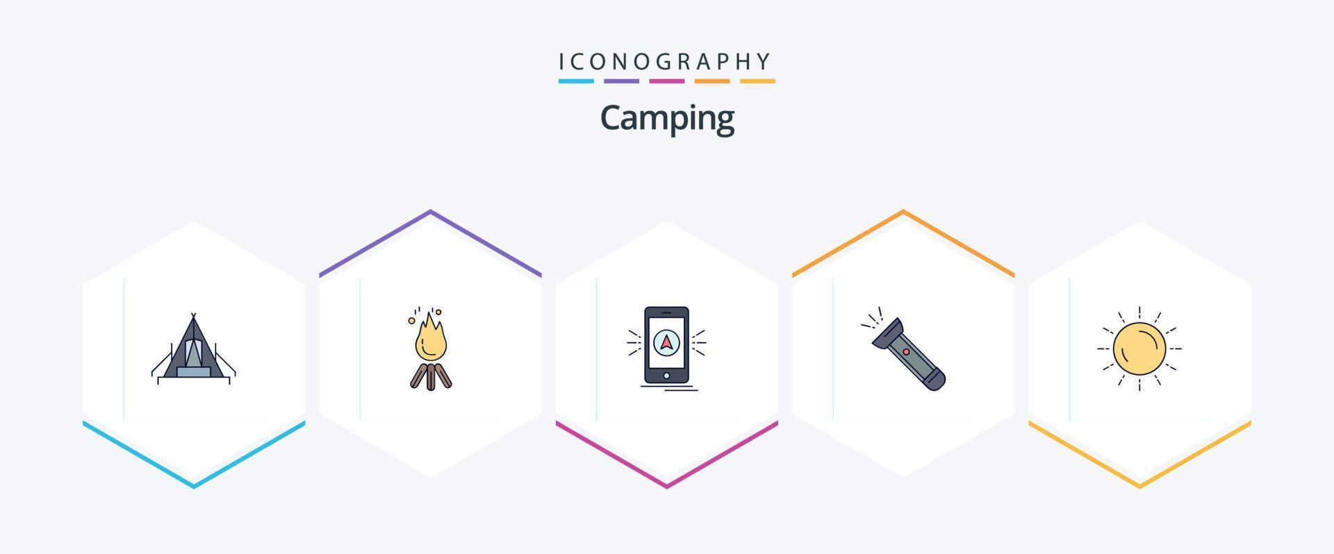 Camping 25 FilledLine icon pack including torch. gps. bonfire. camping. navigation vector