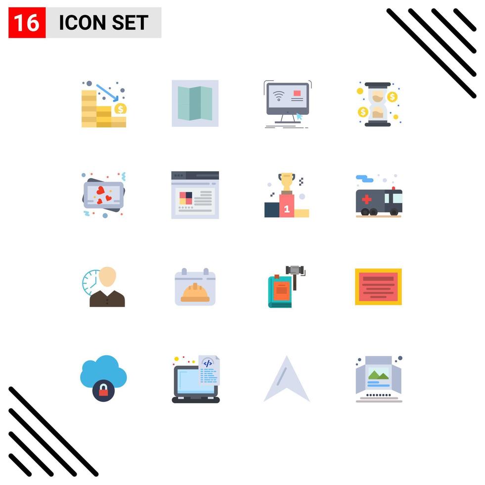 Pack of 16 Modern Flat Colors Signs and Symbols for Web Print Media such as photo love monitor cash hour Editable Pack of Creative Vector Design Elements