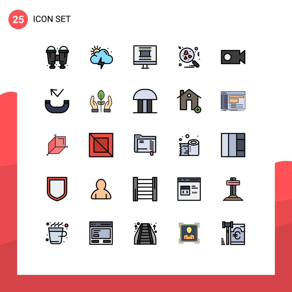 Set of 25 Commercial Filled line Flat Colors pack for phone call photo frame design video cam Editable Vector Design Elements