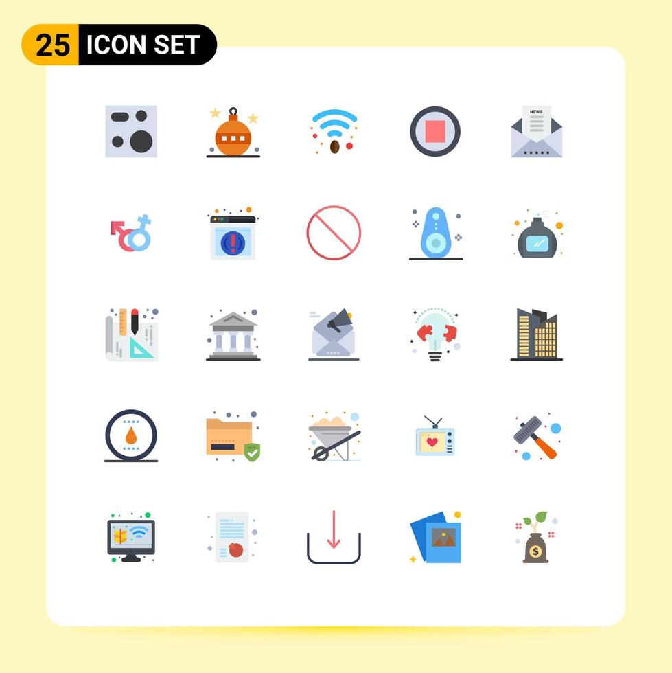 paquete de 25 signos y símbolos modernos de colores planos para medios de impresión web, como documentos de correo electrónico, parada de música de Halloween, elementos de diseño de vectores editables wifi
