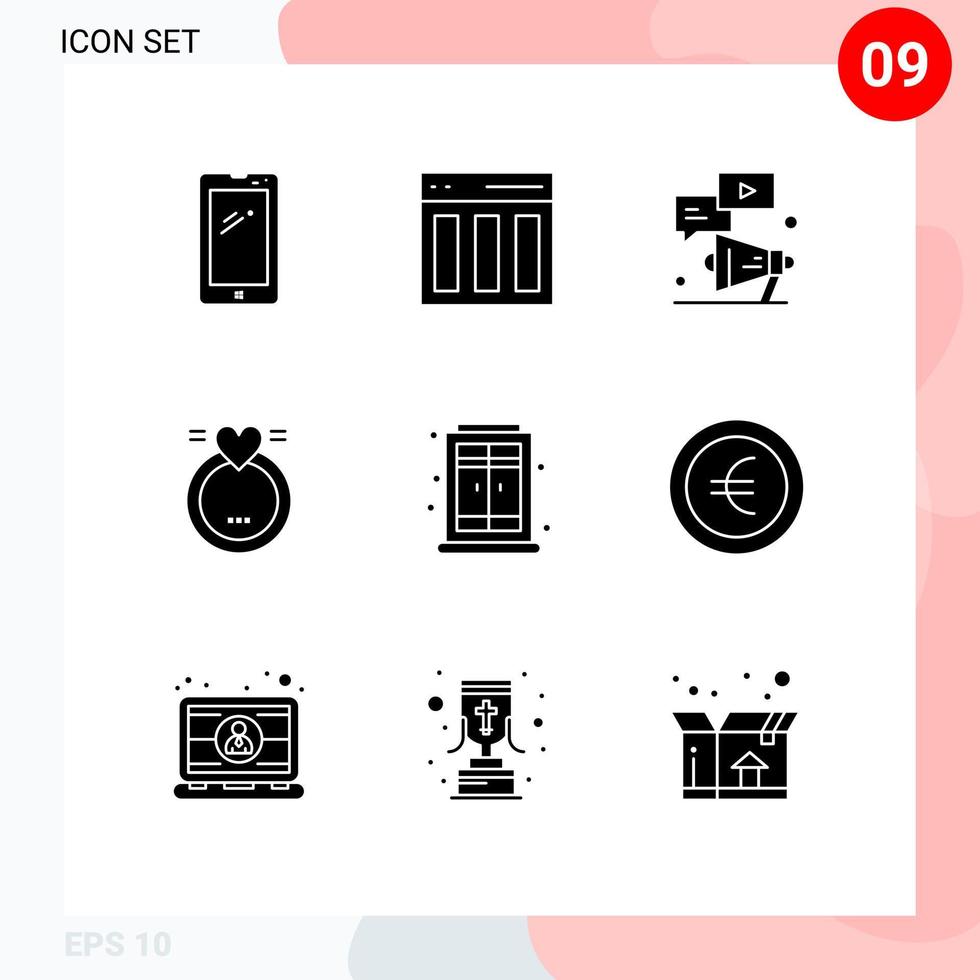 Editable Vector Line Pack of 9 Simple Solid Glyphs of love ring interface marketing youtube Editable Vector Design Elements