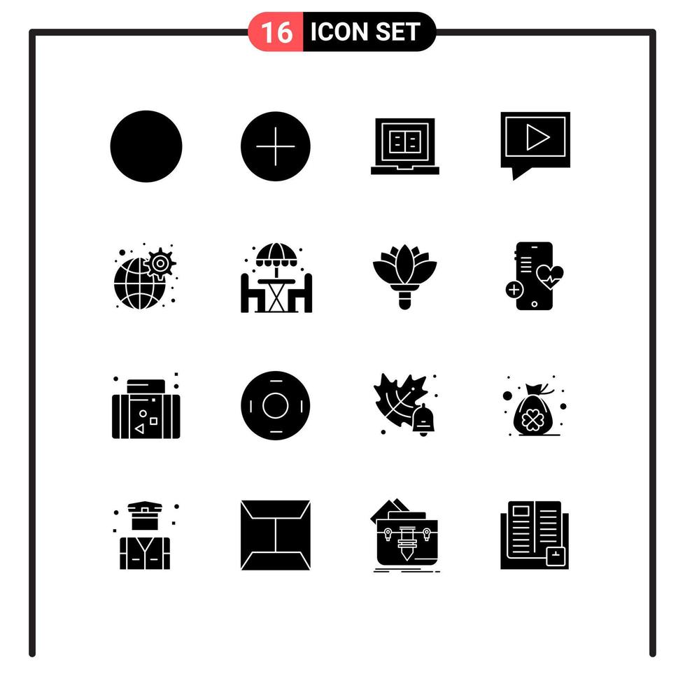 Modern Set of 16 Solid Glyphs and symbols such as settings global education gear chat Editable Vector Design Elements