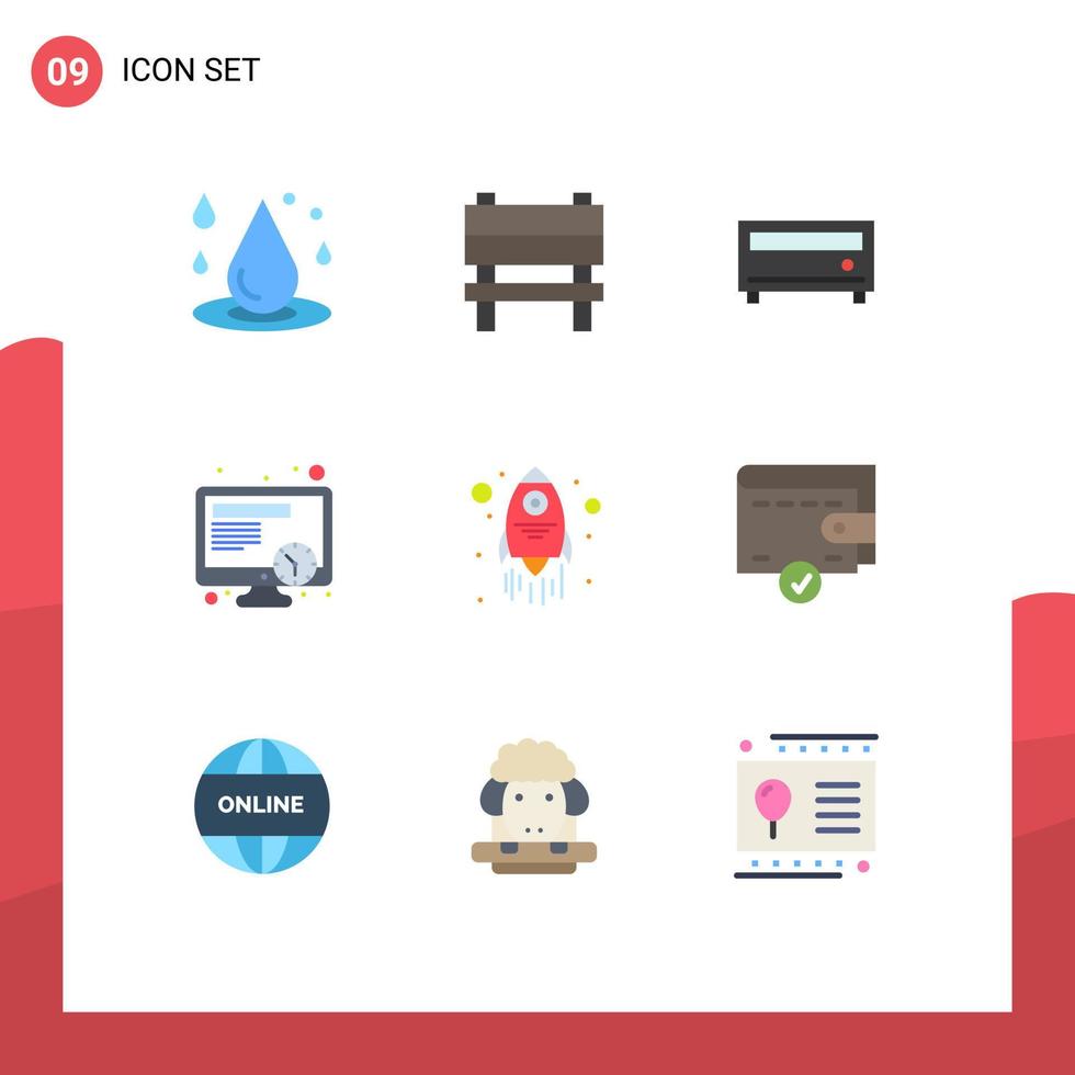 paquete de 9 signos y símbolos modernos de colores planos para medios de impresión web, como el lanzamiento de naves espaciales, el horario de trabajo interior, elementos de diseño de vectores editables