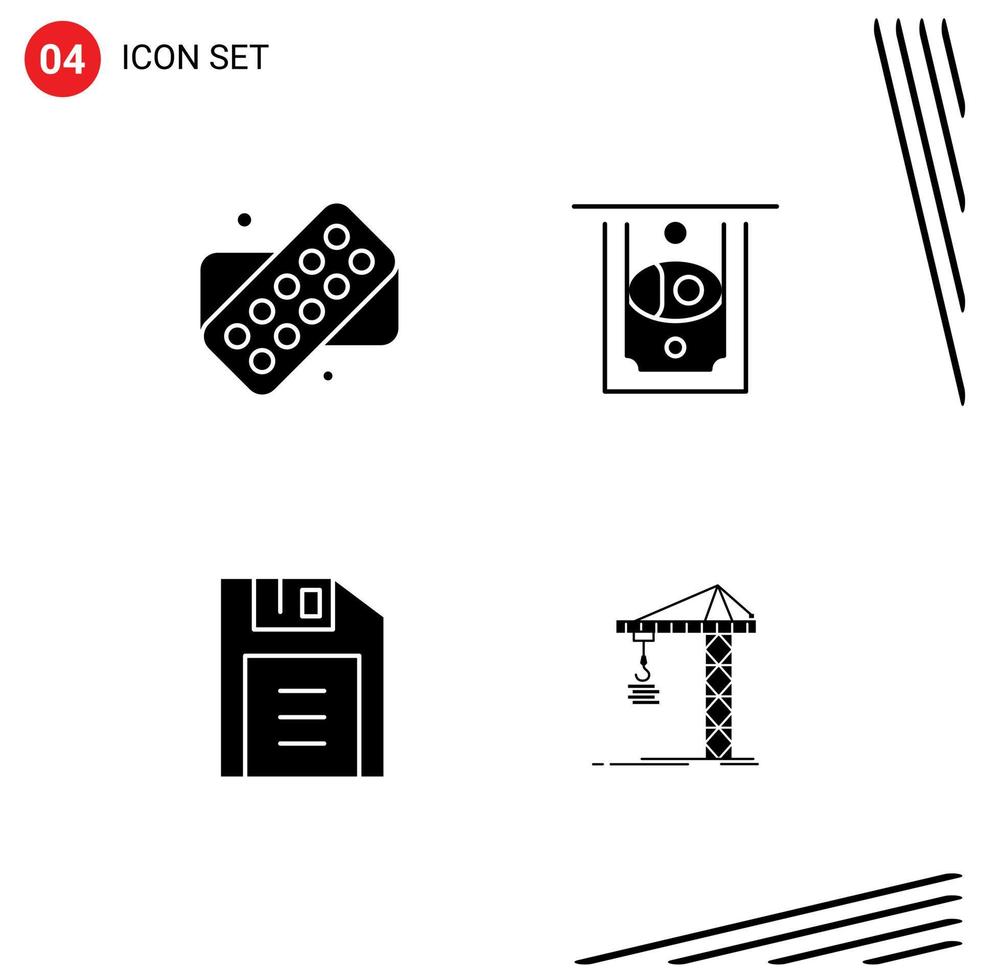 Set of 4 Vector Solid Glyphs on Grid for tablet crane atm floppy disk construction Editable Vector Design Elements