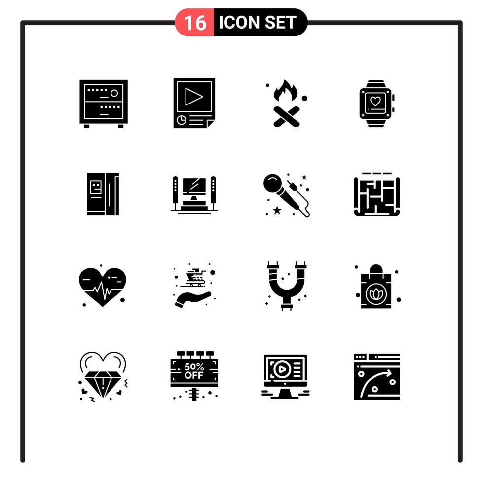 Set of 16 Modern UI Icons Symbols Signs for fridge heart burn love smoke Editable Vector Design Elements