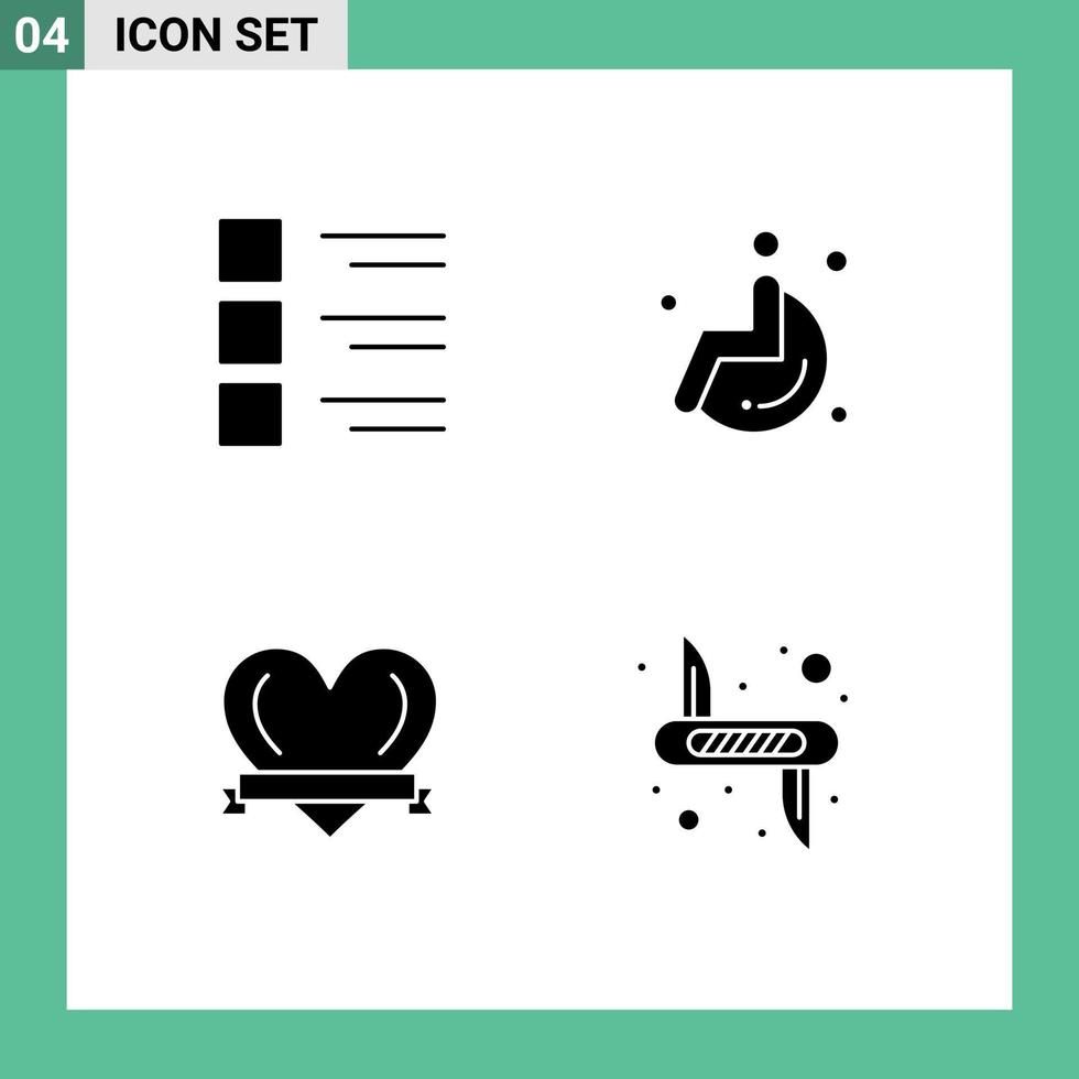 Mobile Interface Solid Glyph Set of 4 Pictograms of checklist love menu wheel knife Editable Vector Design Elements