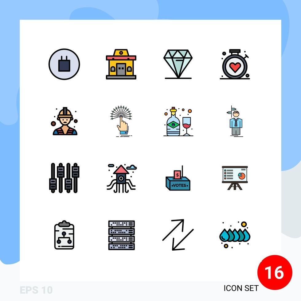 Universal Icon Symbols Group of 16 Modern Flat Color Filled Lines of worker builder jewelry medical healthcare Editable Creative Vector Design Elements