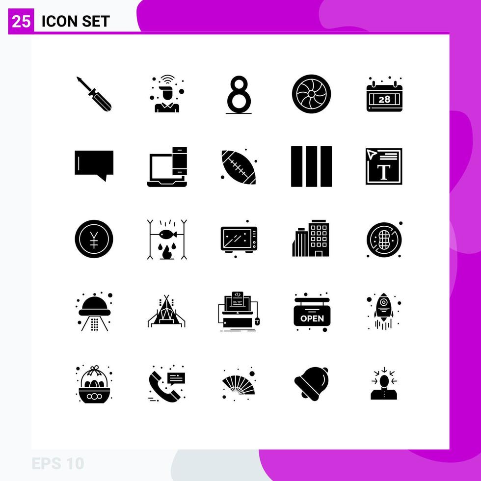 Pack of 25 Modern Solid Glyphs Signs and Symbols for Web Print Media such as date wheel user repair car Editable Vector Design Elements