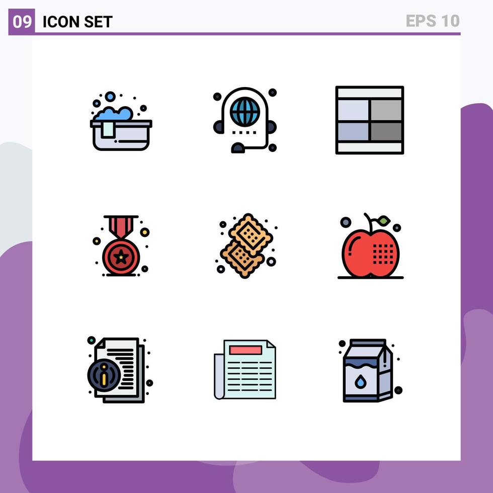 Mobile Interface Filledline Flat Color Set of 9 Pictograms of school badge global award illustration Editable Vector Design Elements