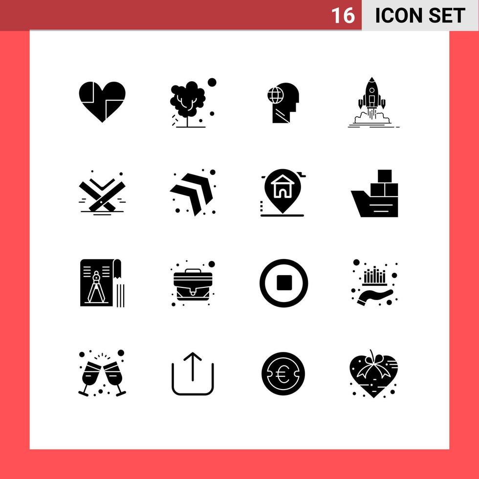Pack of 16 Modern Solid Glyphs Signs and Symbols for Web Print Media such as shuttle launch tree think head Editable Vector Design Elements