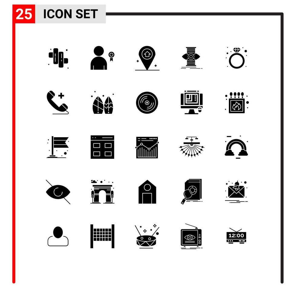Pack of 25 creative Solid Glyphs of gift present navigation diamond focus Editable Vector Design Elements