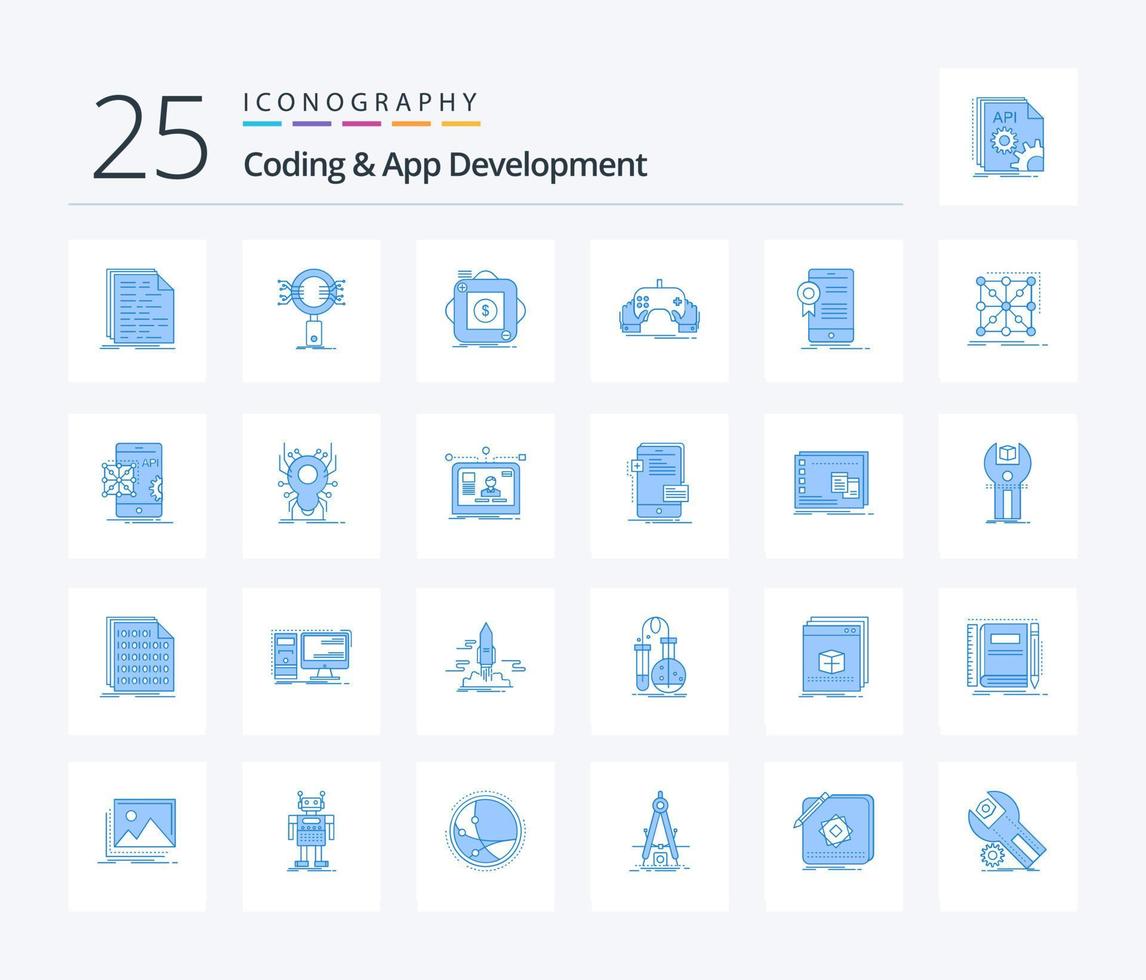 codificación y desarrollo de aplicaciones 25 paquetes de iconos de color azul que incluyen dispositivos móviles. juego. investigar. móvil. aplicación vector