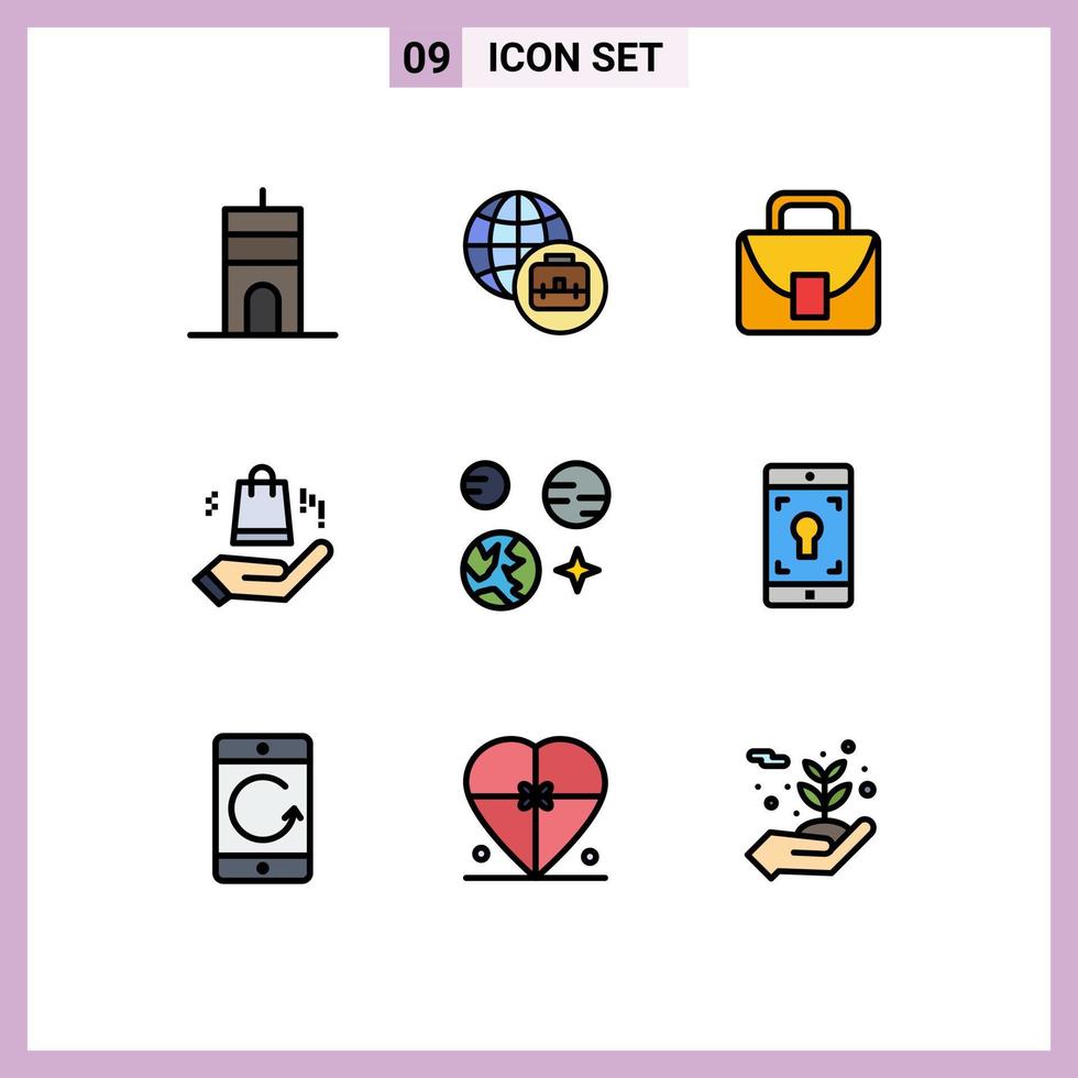 9 Universal Filledline Flat Color Signs Symbols of mobile space global science planet Editable Vector Design Elements