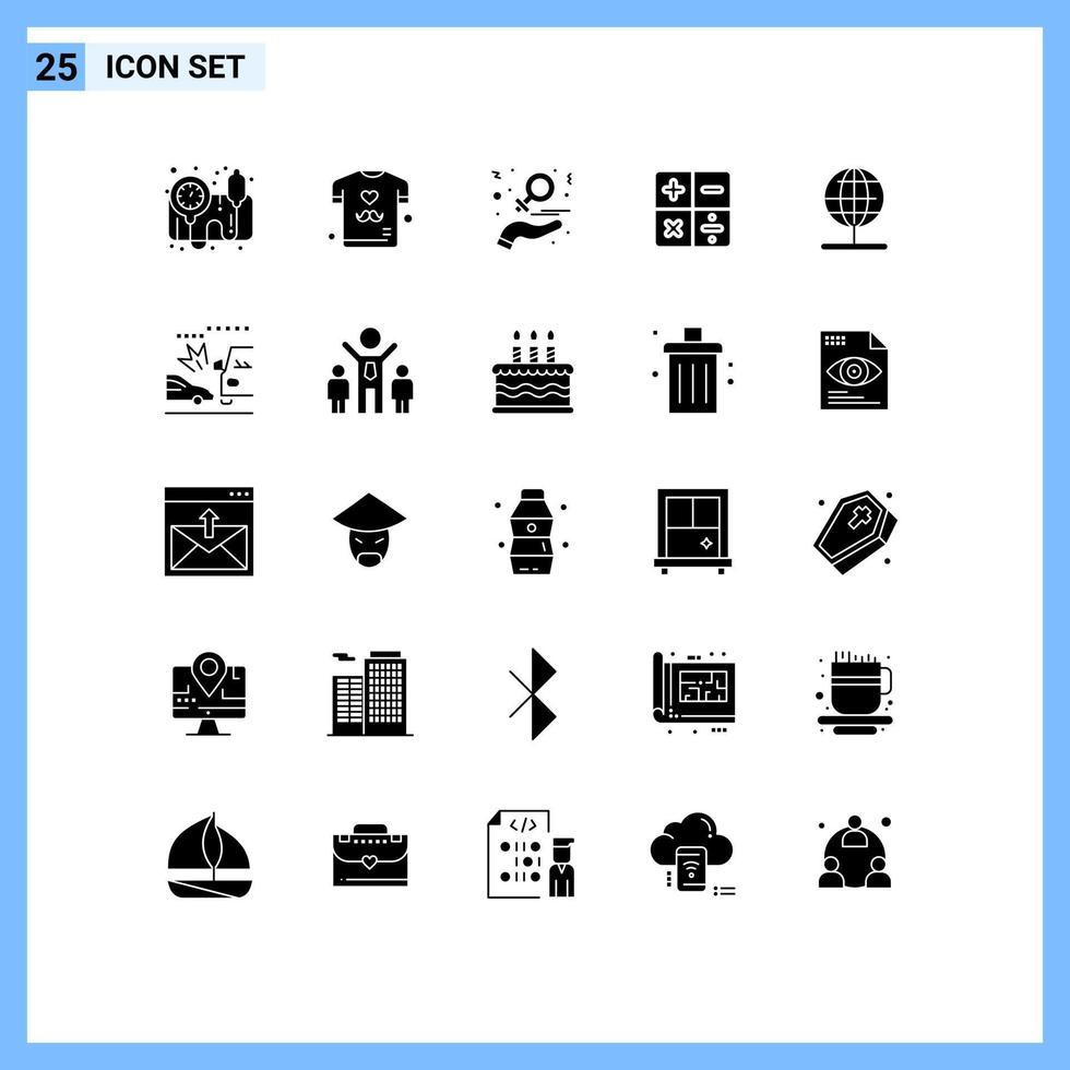 Pictogram Set of 25 Simple Solid Glyphs of stand globe day math calculate Editable Vector Design Elements