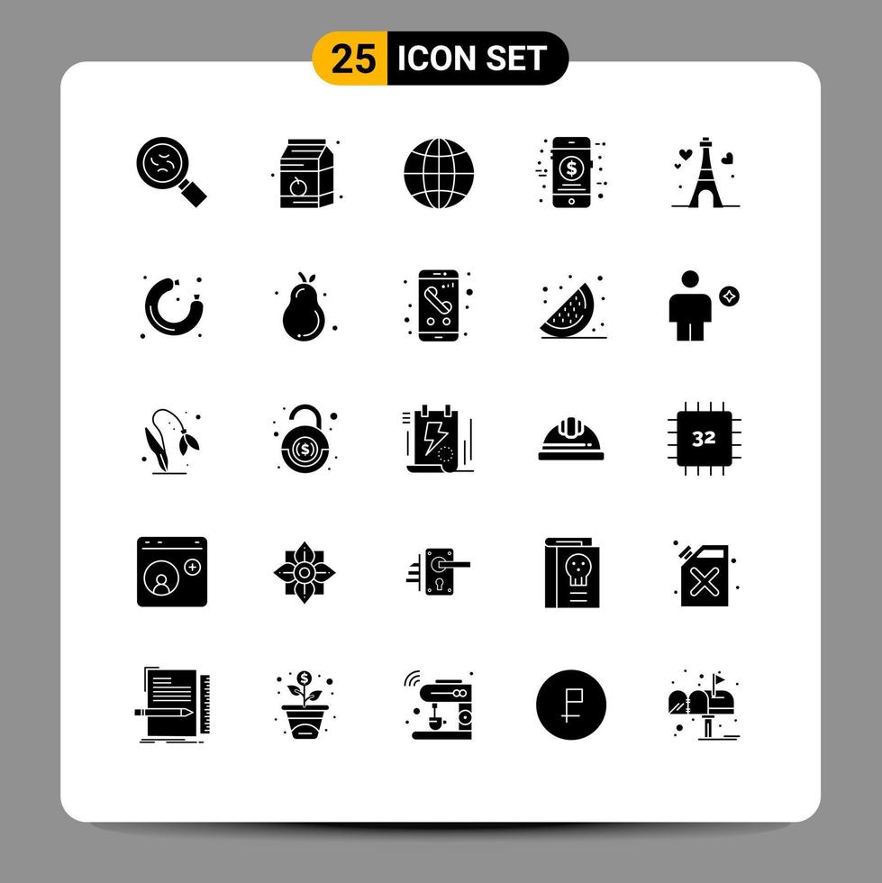 Solid Glyph Pack of 25 Universal Symbols of heart tower globe sale money Editable Vector Design Elements