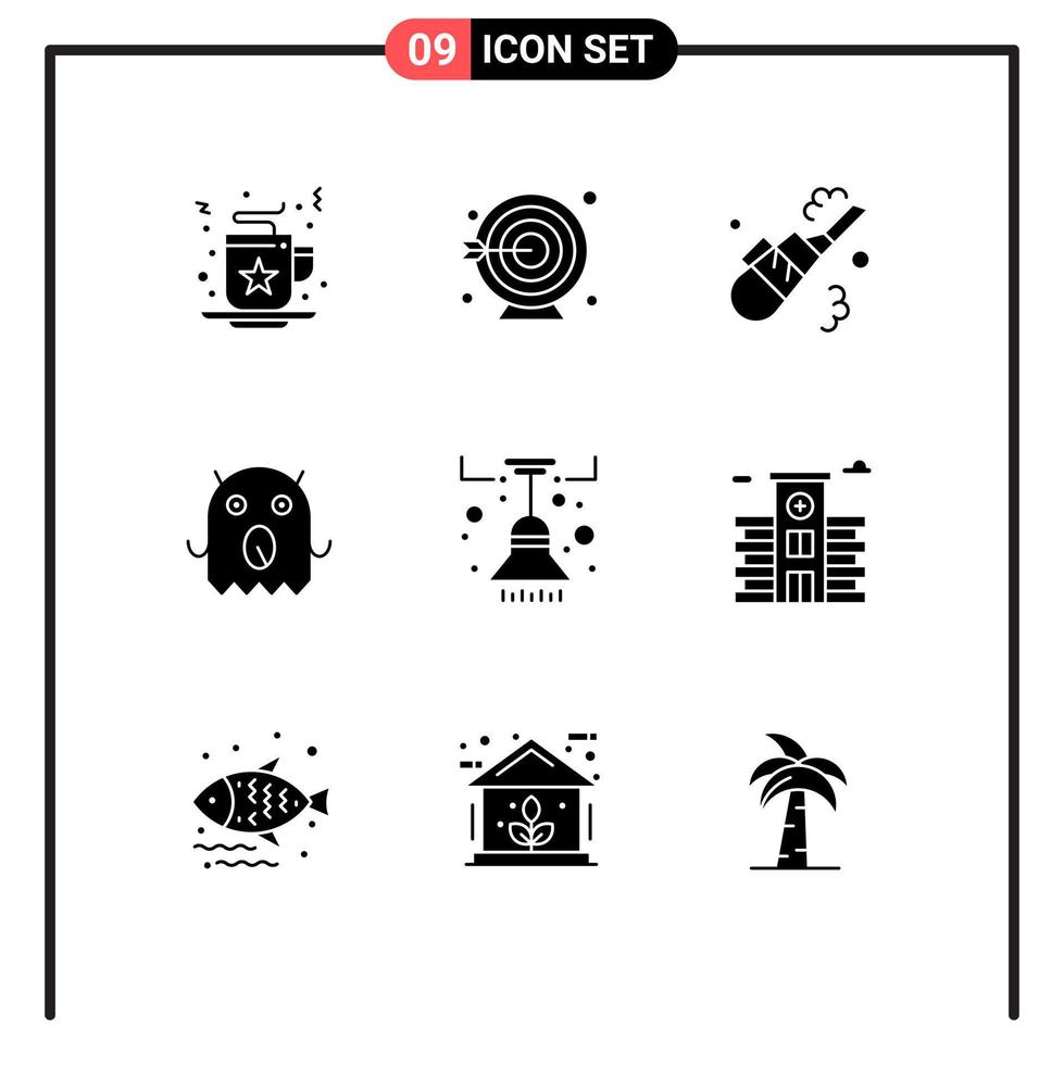 Pictogram Set of 9 Simple Solid Glyphs of light furniture cleaning chandelier alien Editable Vector Design Elements
