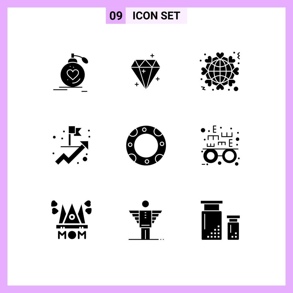 Editable Vector Line Pack of 9 Simple Solid Glyphs of goal achievement sucess world like Editable Vector Design Elements