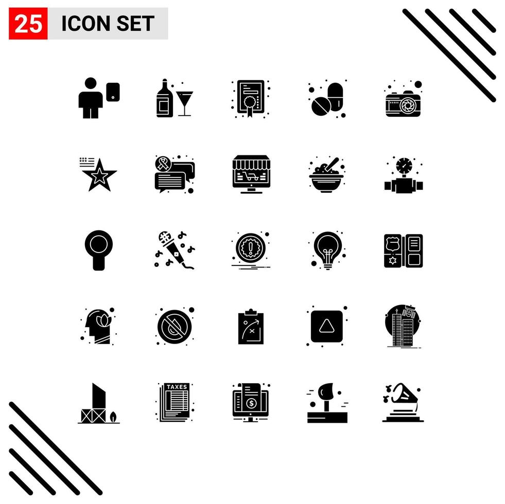 Editable Vector Line Pack of 25 Simple Solid Glyphs of picture camera wine tablet medical Editable Vector Design Elements