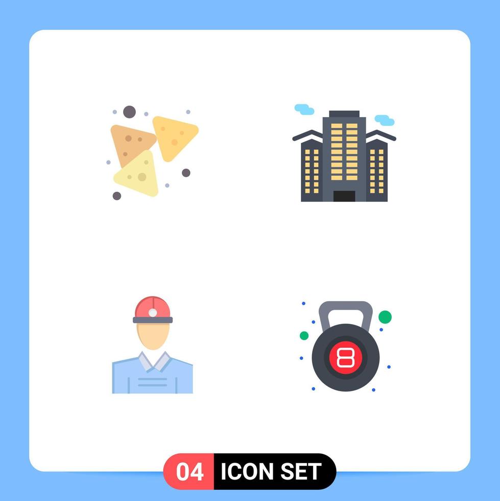 4 User Interface Flat Icon Pack of modern Signs and Symbols of chips construction snack place worker Editable Vector Design Elements