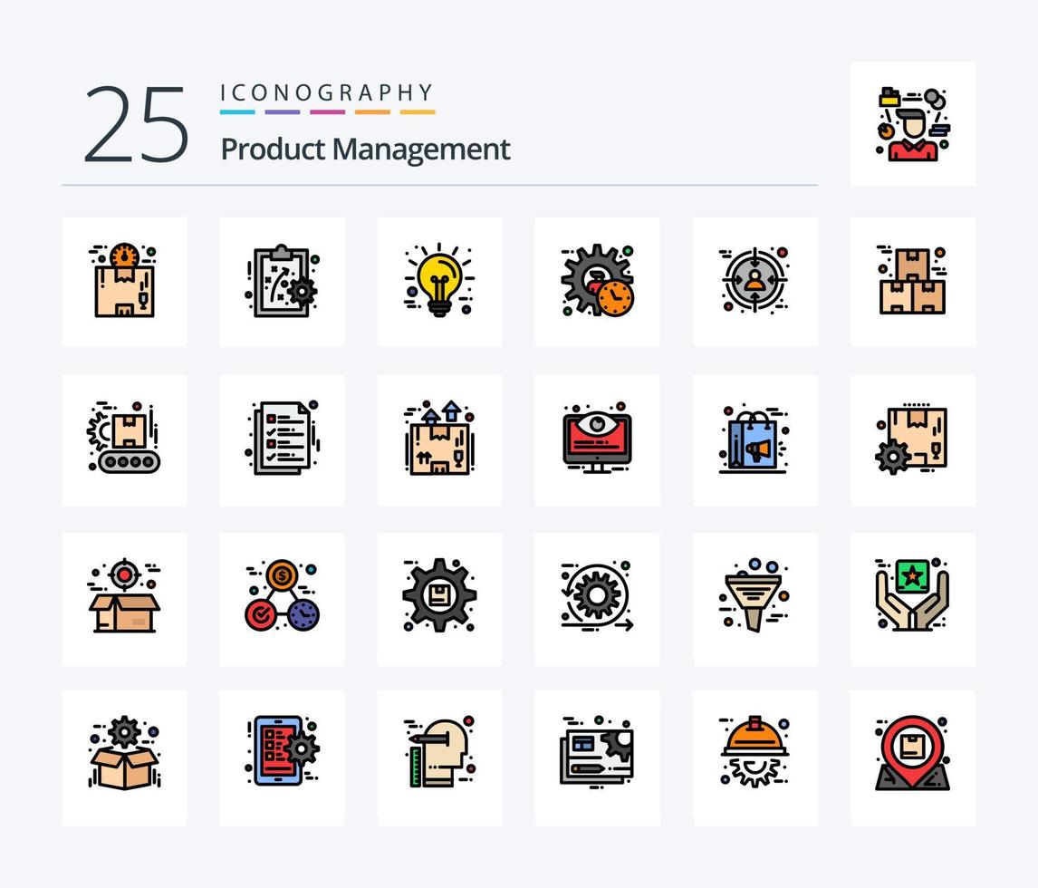paquete de iconos rellenos de 25 líneas de gestión de productos, incluida la audiencia. producto. negocio. gerente. administrador vector