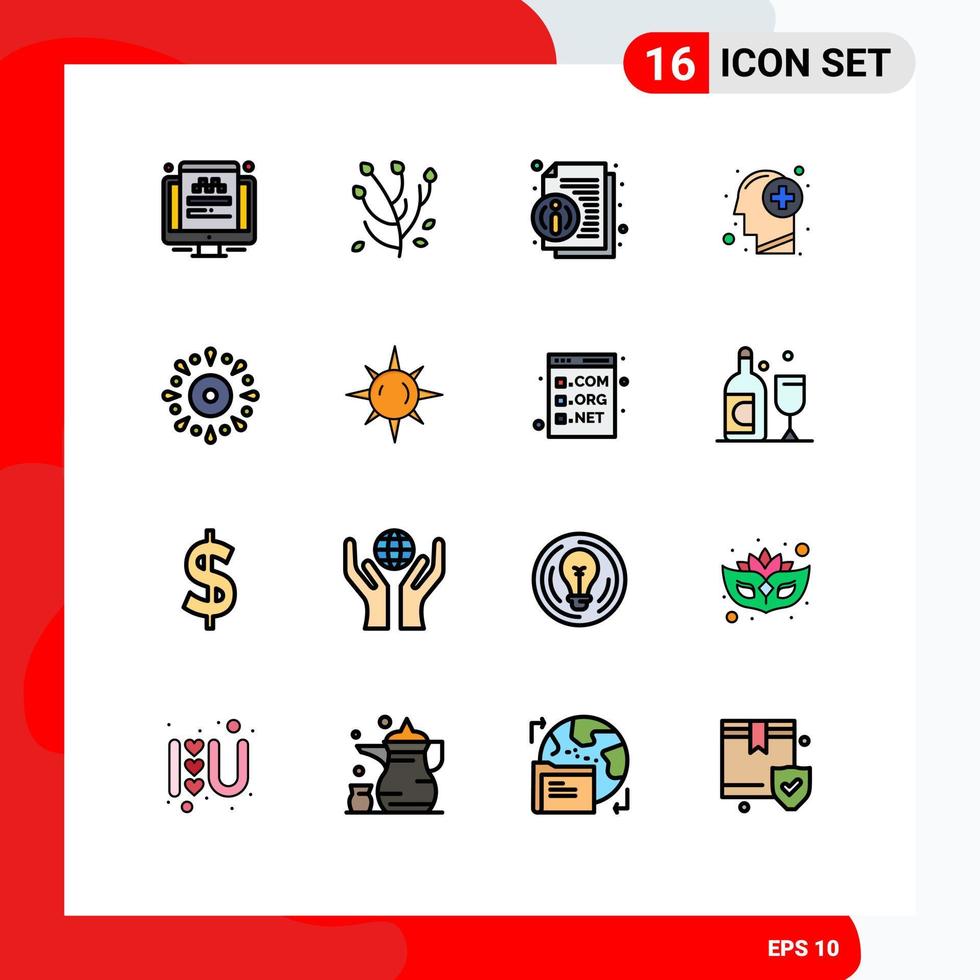 Pack of 16 Modern Flat Color Filled Lines Signs and Symbols for Web Print Media such as celebration mind about human head Editable Creative Vector Design Elements