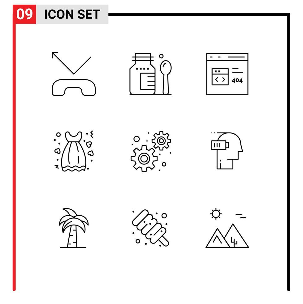 Set of 9 Commercial Outlines pack for gears love coding gown date Editable Vector Design Elements