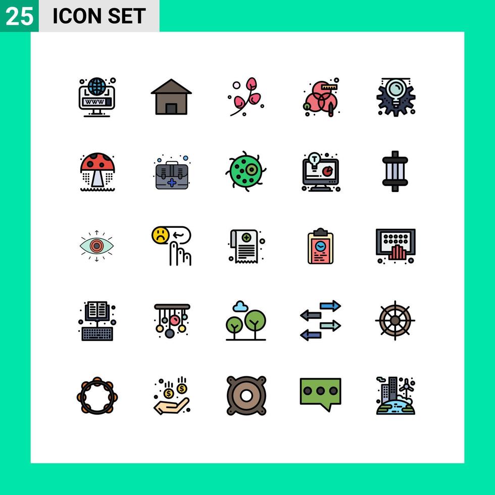 conjunto de pictogramas de 25 colores planos de línea llena simple de elementos de diseño de vector editable de proceso de cabaña de engranaje rgb vacaciones