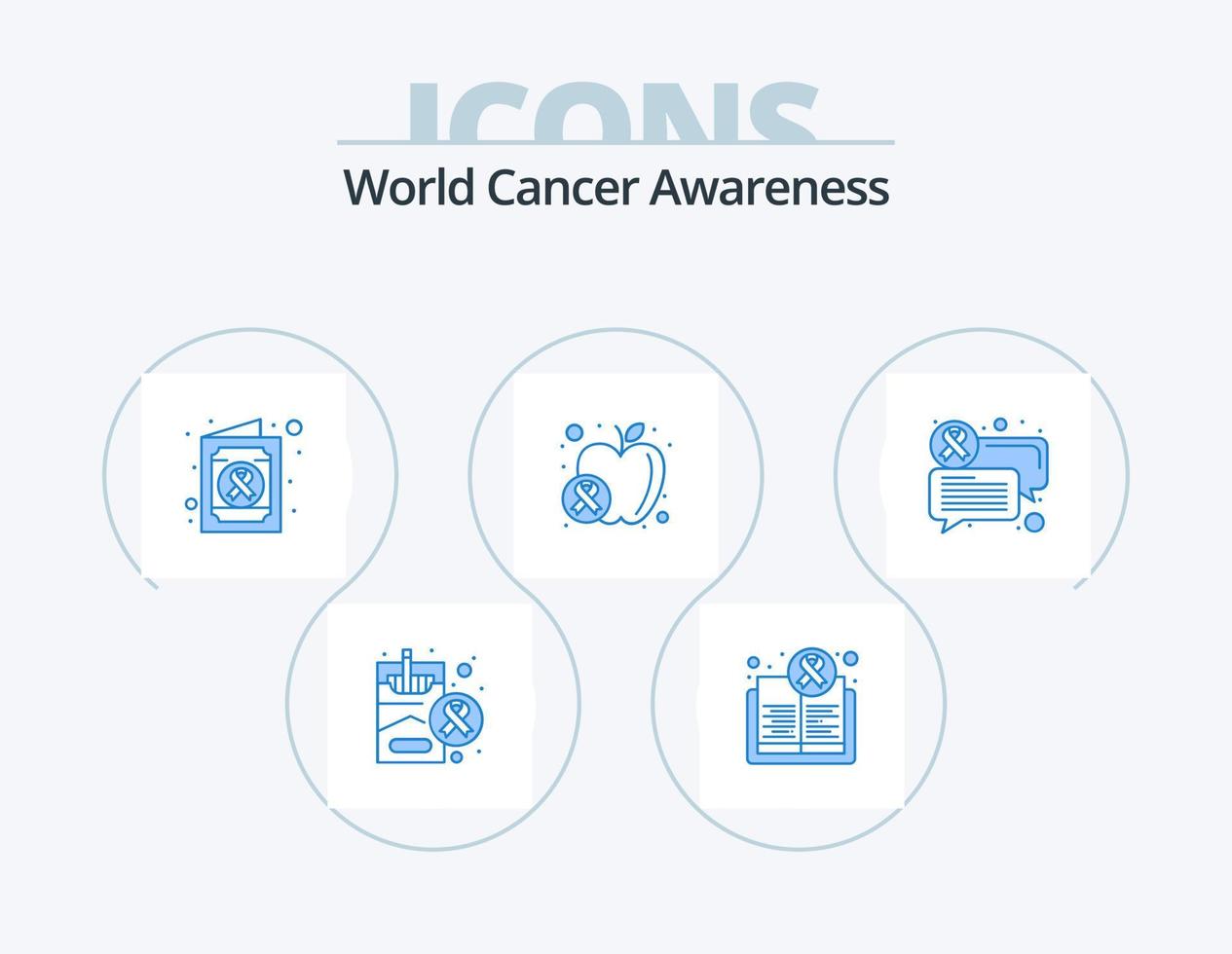 diseño de iconos del paquete de iconos azules de conciencia mundial sobre el cáncer 5. comunicación. alimento. salud. bienestar. manzana vector