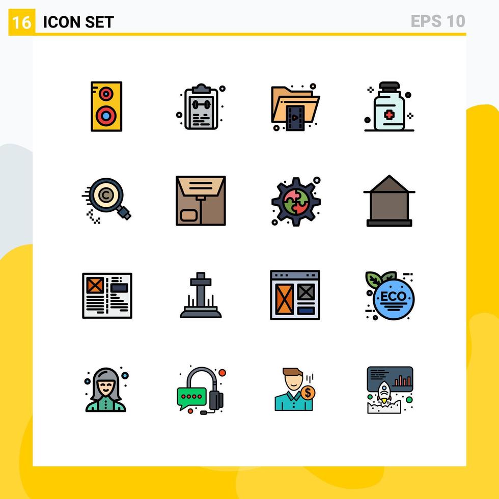 16 concepto de línea llena de color plano para sitios web móviles y contenido de aplicaciones documento médico hospital video elementos de diseño de vectores creativos editables