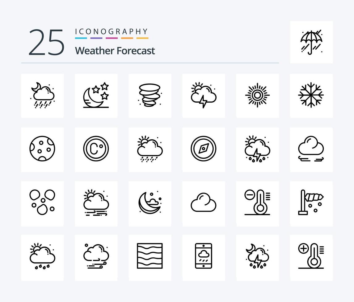 paquete de iconos de 25 líneas meteorológicas que incluye nieve. clima. clima. soleado. sol vector