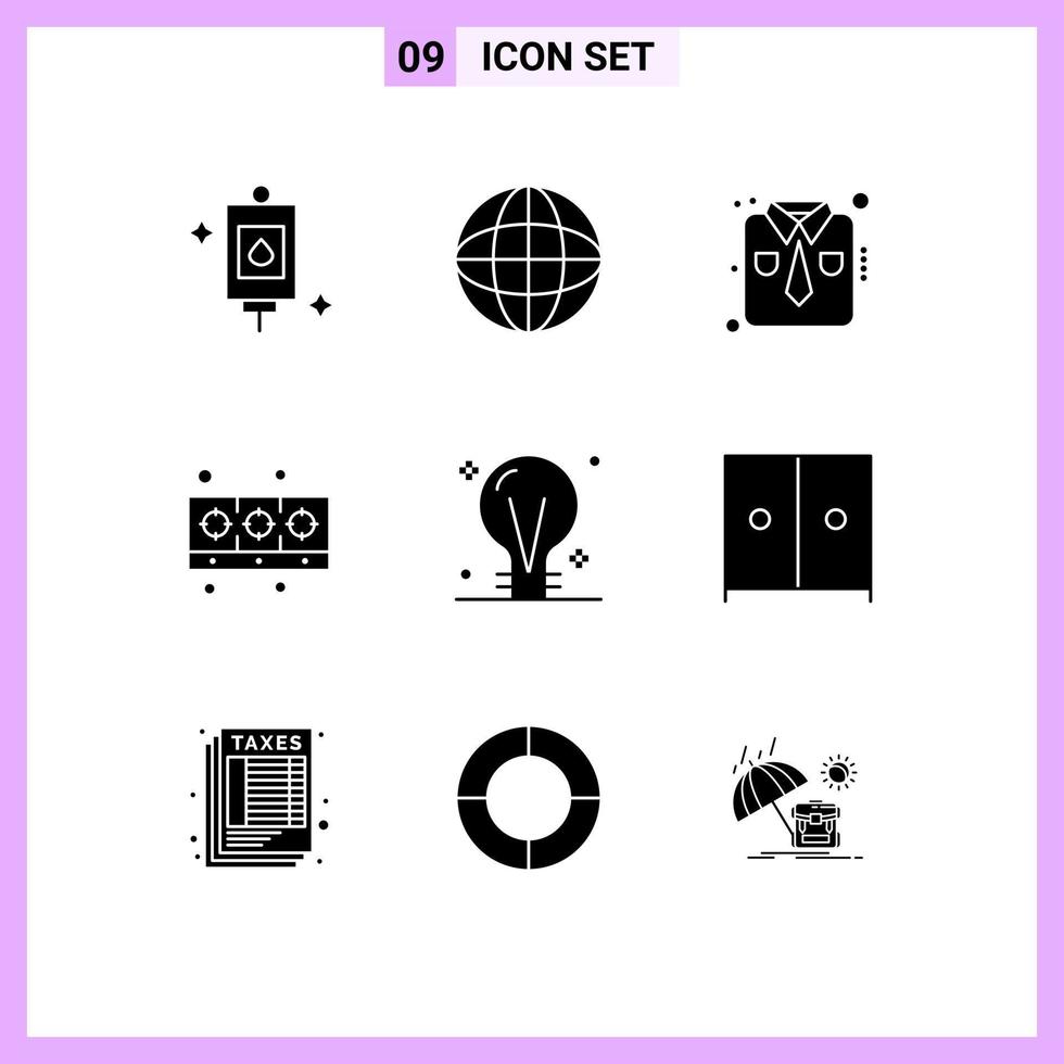 User Interface Pack of 9 Basic Solid Glyphs of creativity bulb fashion kitchen cooking Editable Vector Design Elements