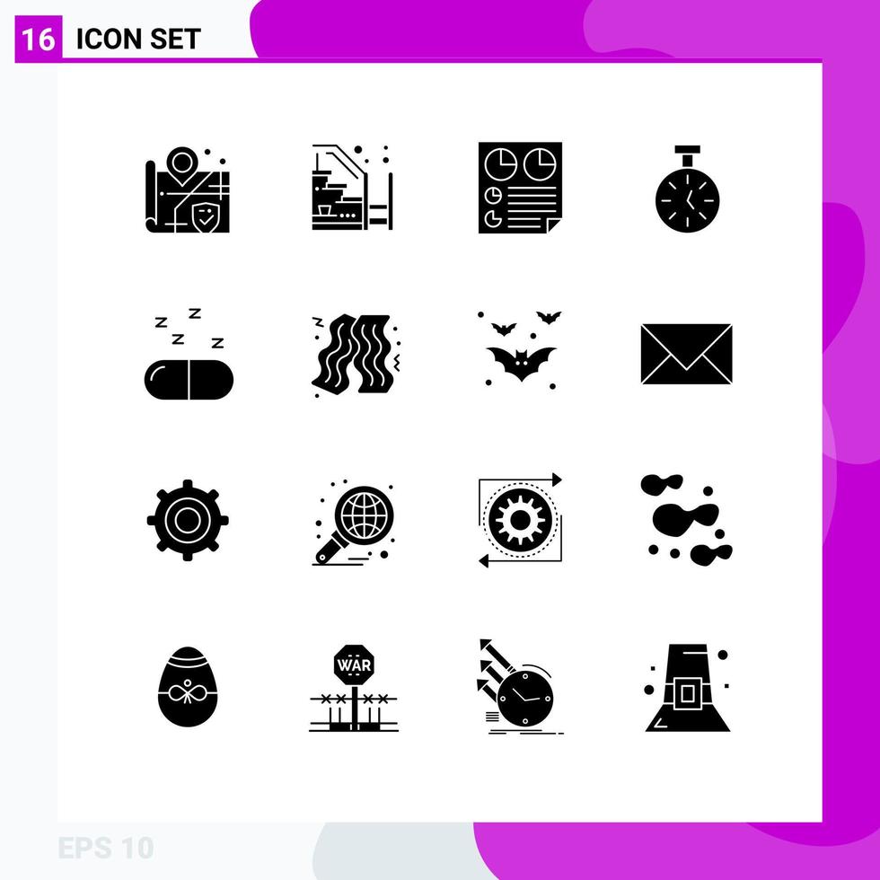 Modern Set of 16 Solid Glyphs and symbols such as drug timer data time two Editable Vector Design Elements