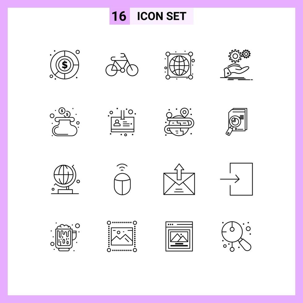 Pack of 16 creative Outlines of purse cash worldwide services idea Editable Vector Design Elements