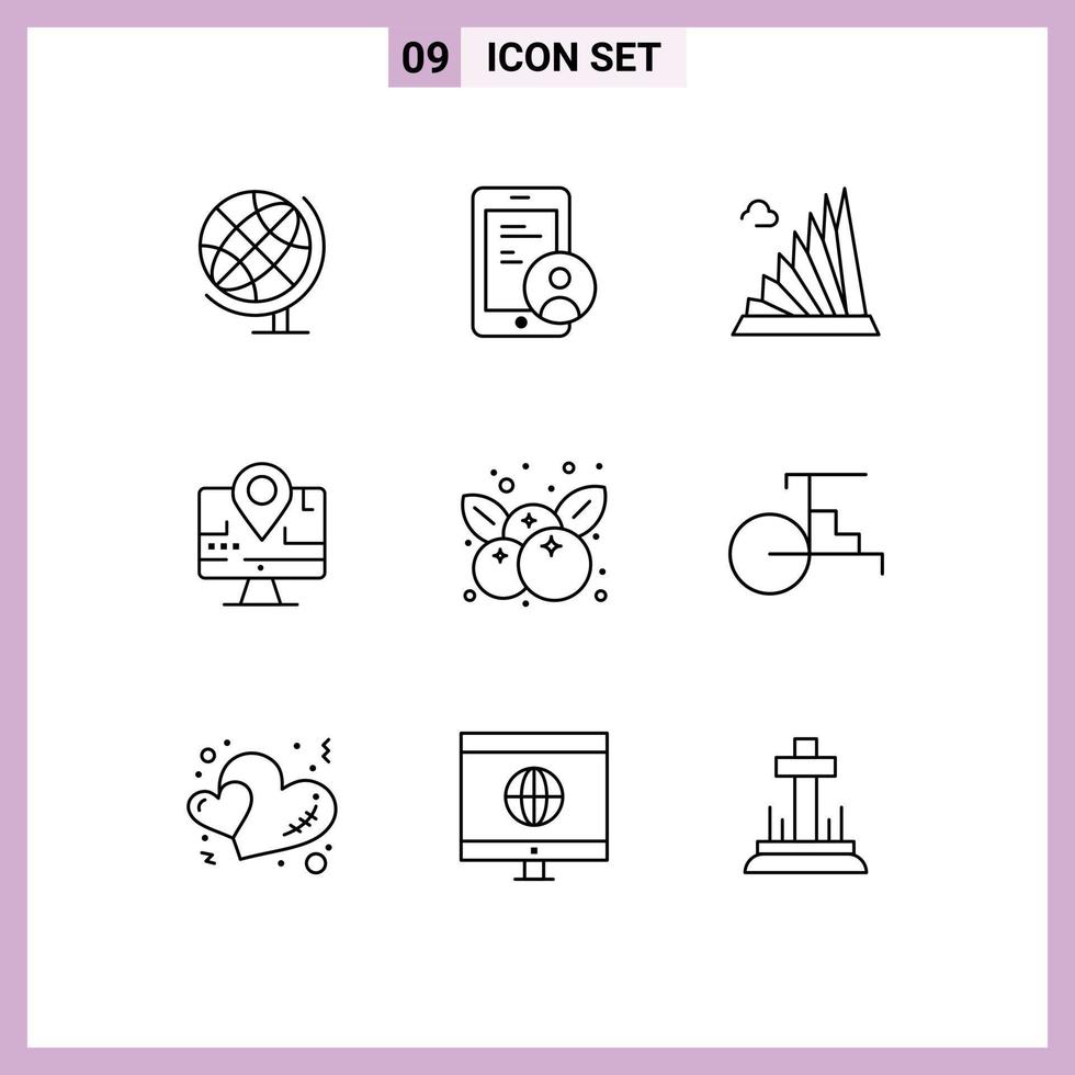 Group of 9 Modern Outlines Set for fruit education construction location computer Editable Vector Design Elements