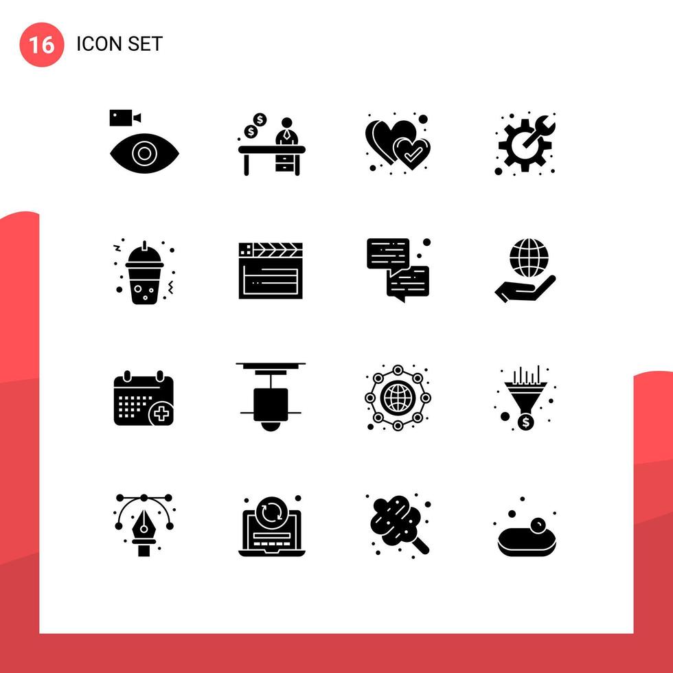 Mobile Interface Solid Glyph Set of 16 Pictograms of fast food spanner reception preferences cog Editable Vector Design Elements