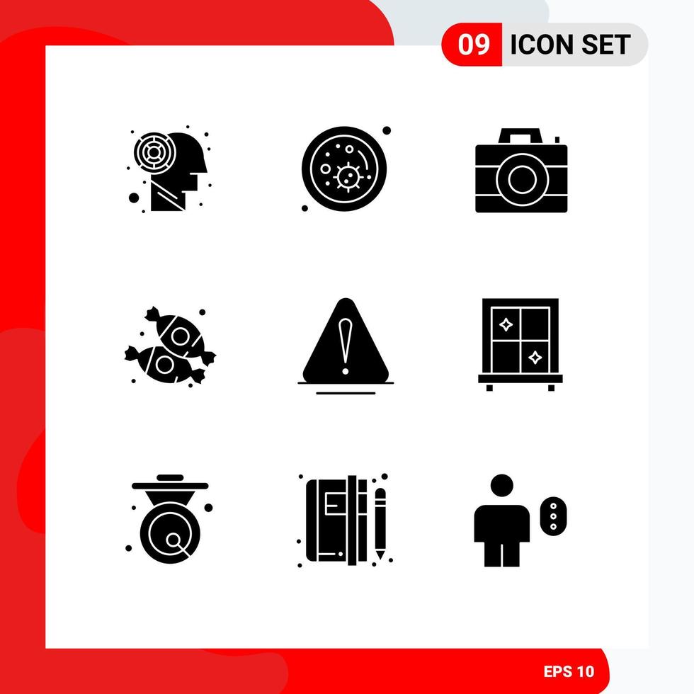 Group of 9 Modern Solid Glyphs Set for warning alert computer sweets dessert Editable Vector Design Elements