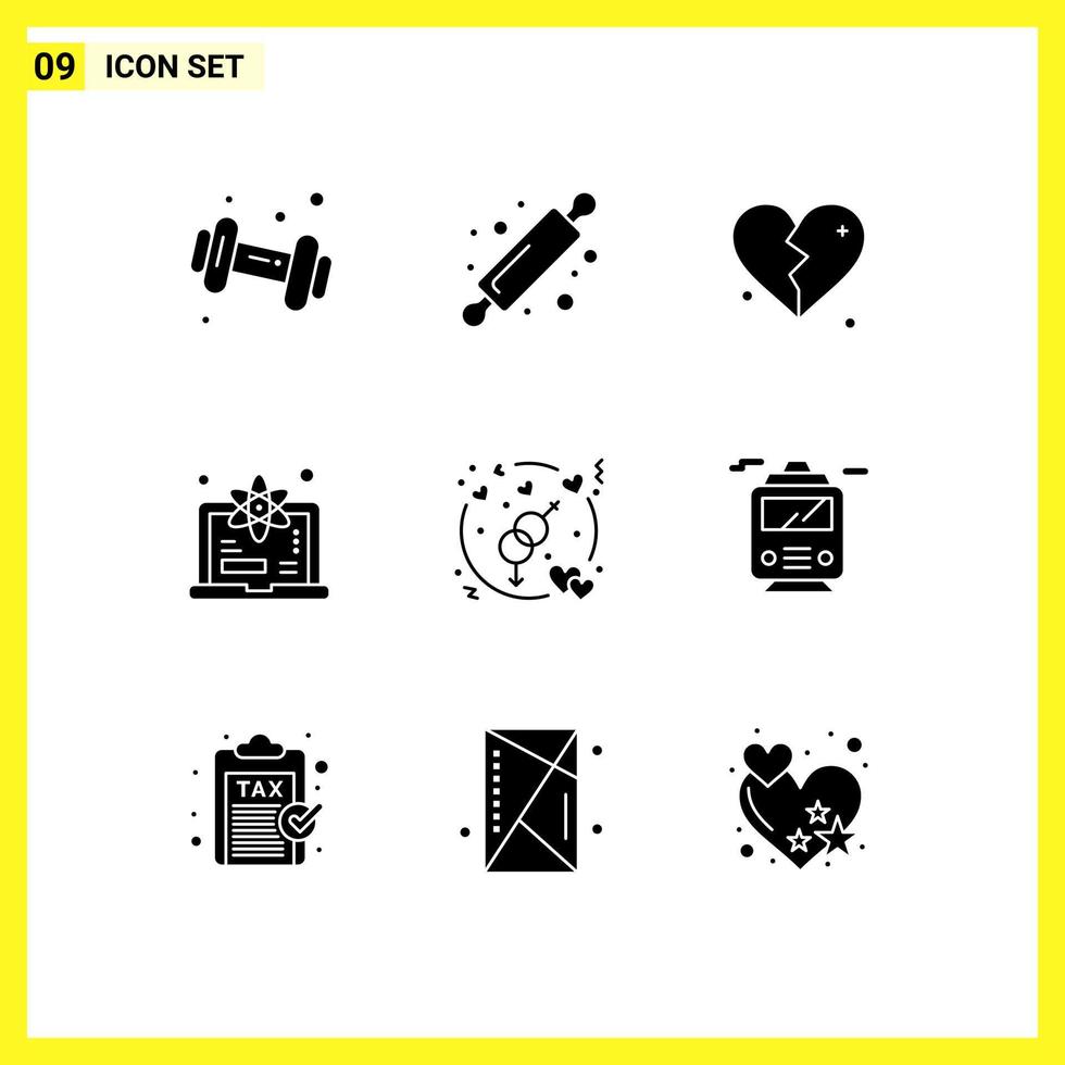 Group of 9 Solid Glyphs Signs and Symbols for gender science brokan learn computer Editable Vector Design Elements
