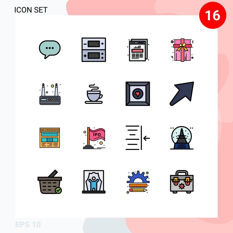 Modern Set of 16 Flat Color Filled Lines and symbols such as wifi modem chart present box Editable Creative Vector Design Elements