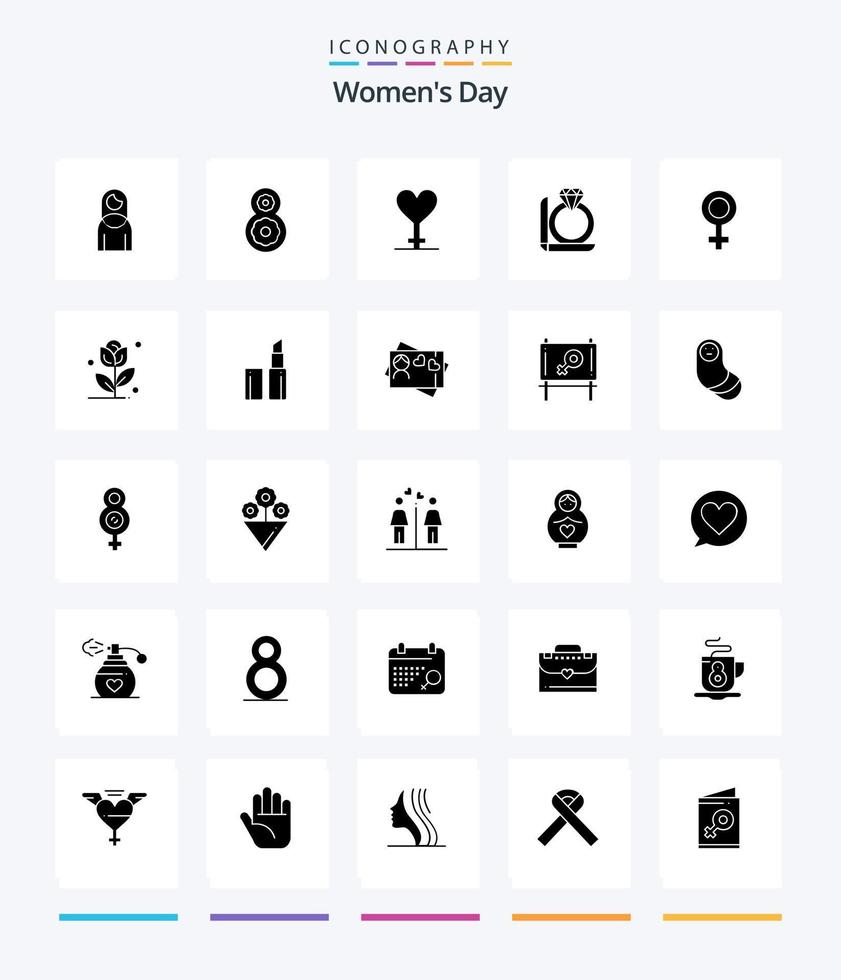 paquete de iconos negros sólidos de 25 glifos del día de la mujer creativa, como el día. mujeres. flor. símbolo. corazón vector