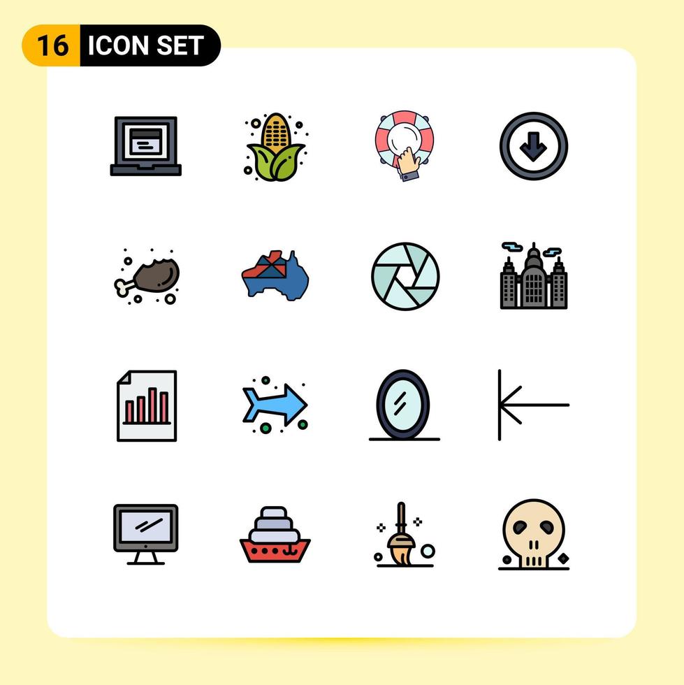 Set of 16 Vector Flat Color Filled Lines on Grid for diet down help user interface button Editable Creative Vector Design Elements