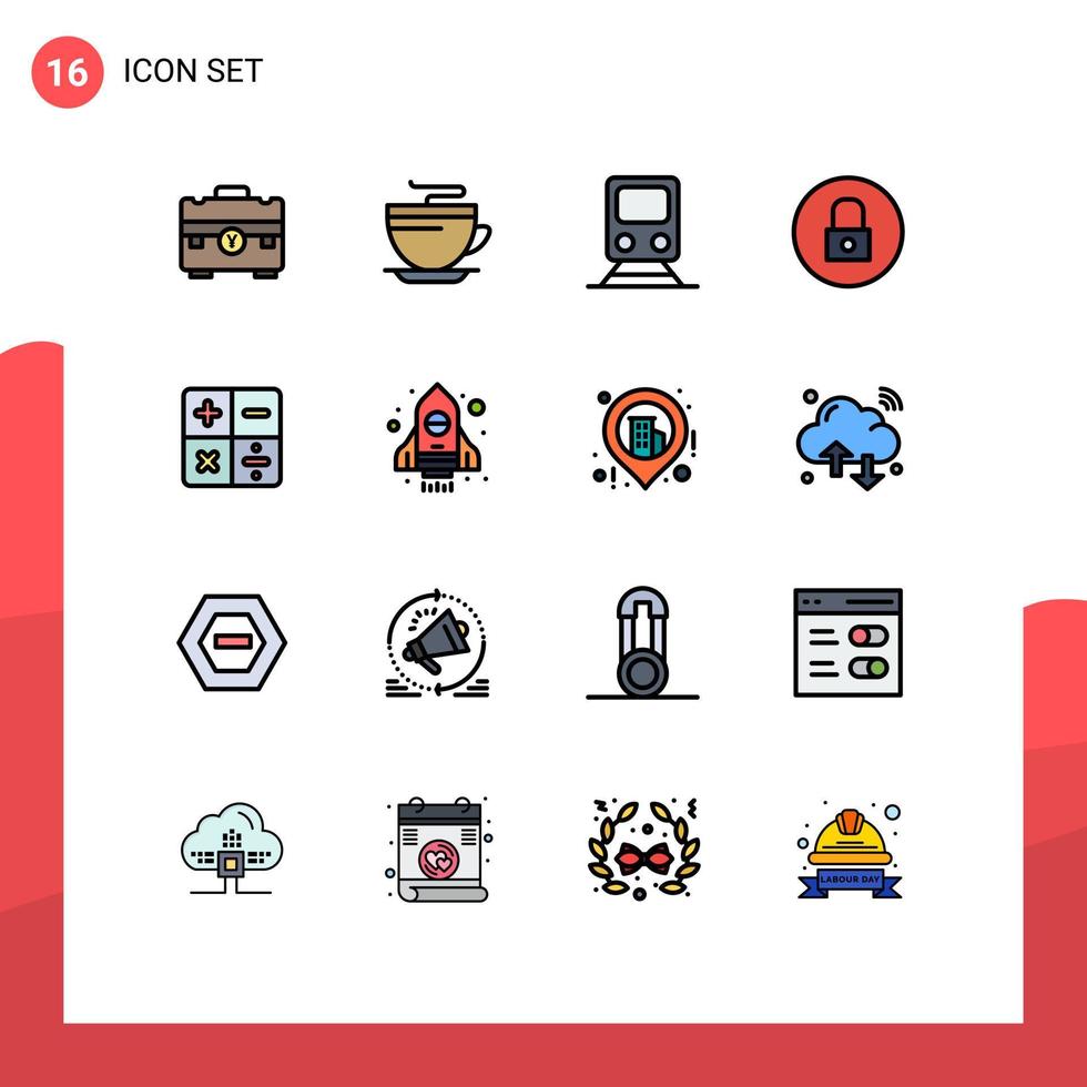 16 Universal Flat Color Filled Line Signs Symbols of multimedia media cleaning lock transportation Editable Creative Vector Design Elements