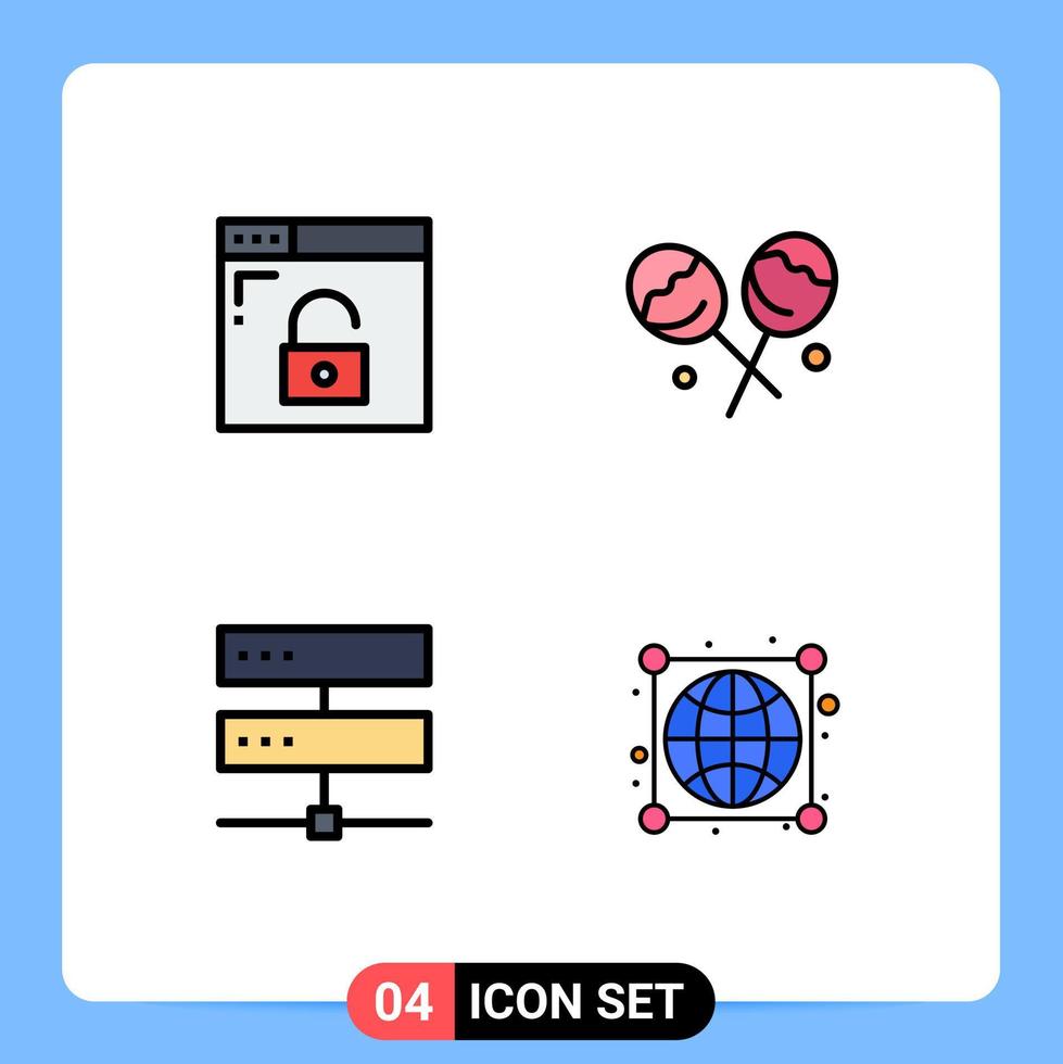 4 Universal Filledline Flat Colors Set for Web and Mobile Applications browser digital secure heart lollipop network Editable Vector Design Elements