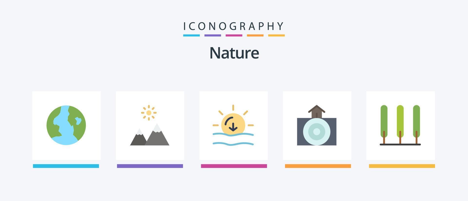 paquete de iconos de naturaleza plana 5 que incluye árbol. ciprés. sol. clima. casa. diseño de iconos creativos vector