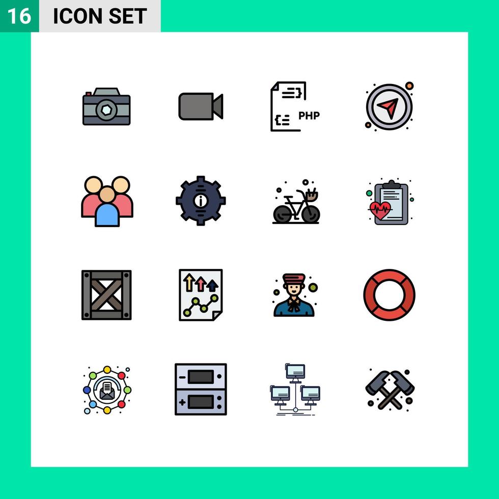 Modern Set of 16 Flat Color Filled Lines and symbols such as employee gps coding directional file Editable Creative Vector Design Elements