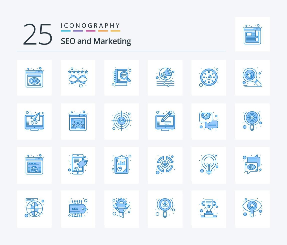 paquete de iconos de color azul seo 25 que incluye tiempo. grito. caso de estudio. Campaña. vector