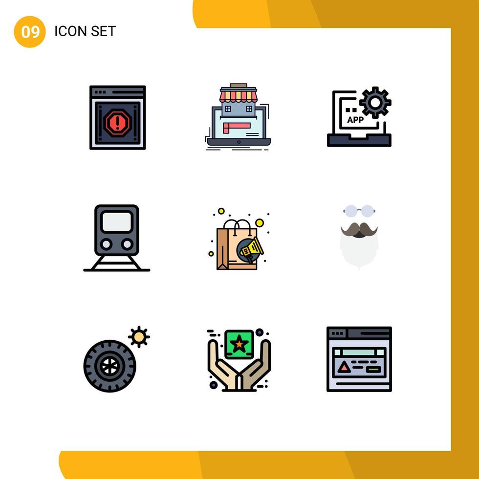 9 símbolos de signos de color plano de línea de relleno universal de la programación de datos de rieles de trenes desarrollan elementos de diseño de vectores editables