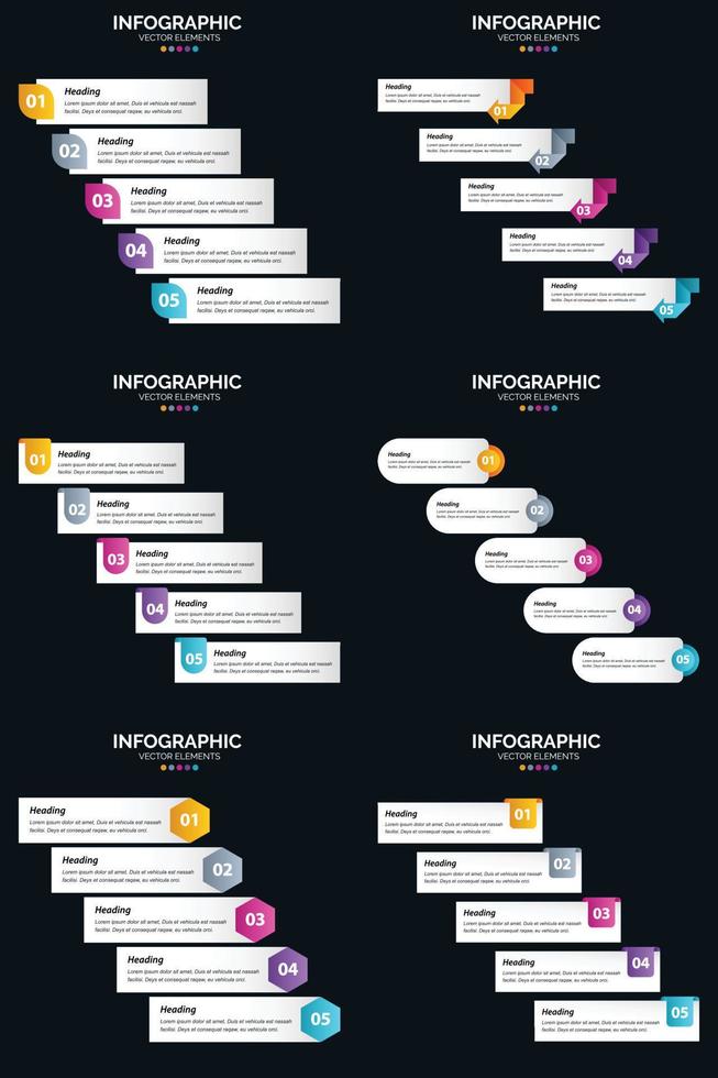 plantilla de diapositiva de presentación del paquete de infografías vectoriales 6 diagramas de ciclo de 5 pasos y líneas de tiempo vector