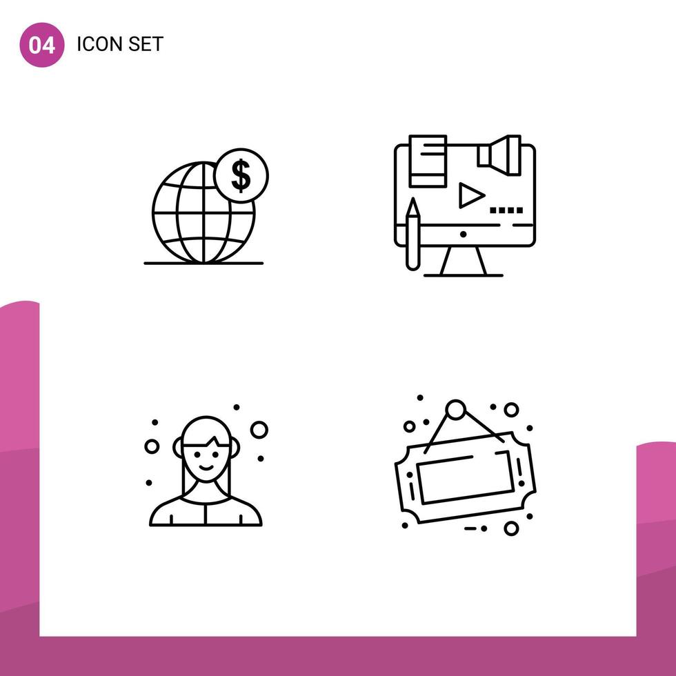 Group of 4 Filledline Flat Colors Signs and Symbols for dollar law globe content female Editable Vector Design Elements