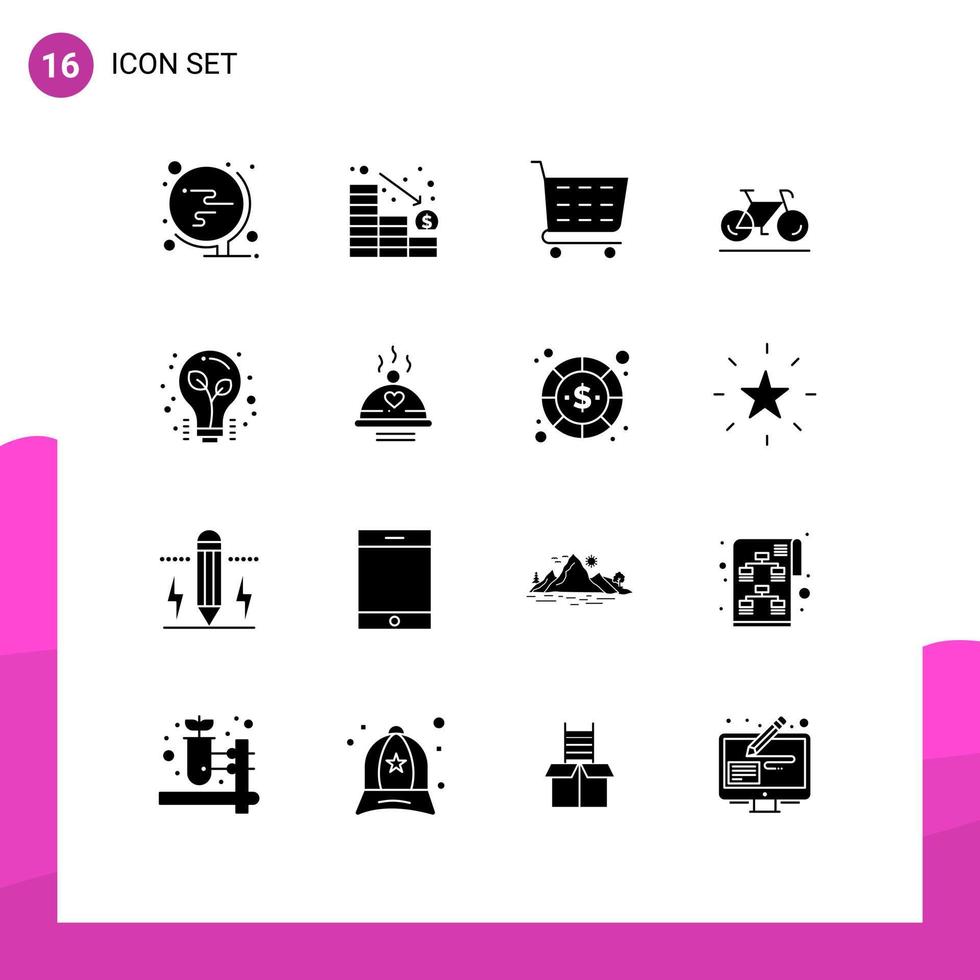 Set of 16 Vector Solid Glyphs on Grid for light bulb bulb ecommerce sport movement Editable Vector Design Elements